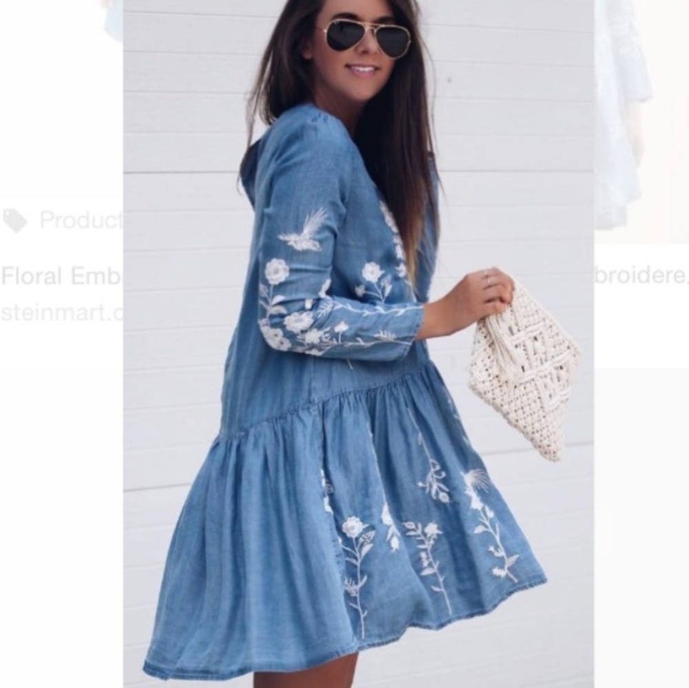 Philosophy Tencel Chambray Drop Waist Dress W/ Long Sleeves, Floral Embroidery - Picture 12 of 13